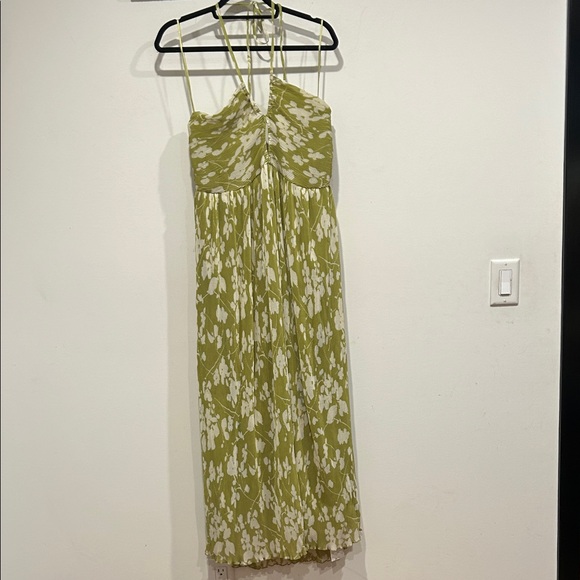 Abercrombie & Fitch Olive green Floral pleated halter Maxi Dress large women new - Picture 2 of 8